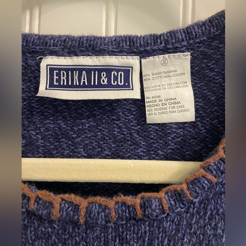 Erica II & Co Vintage 90s Autumn Fall Leaves Knit Sweater Raime Cotton Navy 2X - Picture 4 of 8